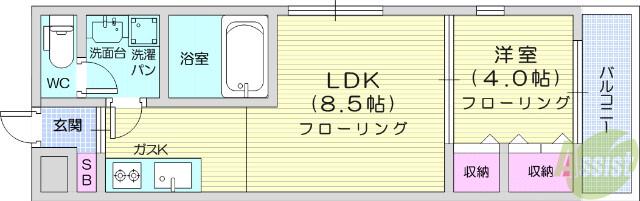 シャトーウイング連坊(1LDK/1階)の間取り写真