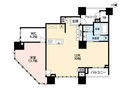 DEUX TOURS CANAL&SPA ウエスト(1LDK/19階)の間取り写真