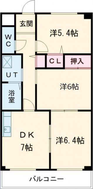 レイク アベニュー白鳥(3DK/3階)の間取り写真