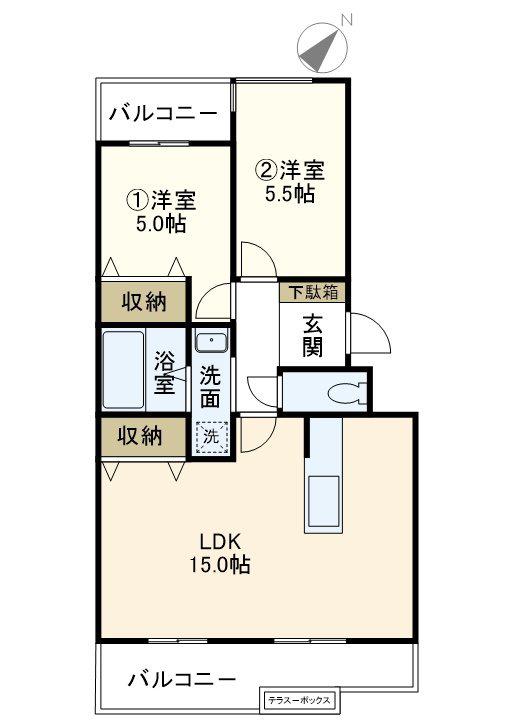 名瀬東ハイツ(2LDK/3階)の間取り写真