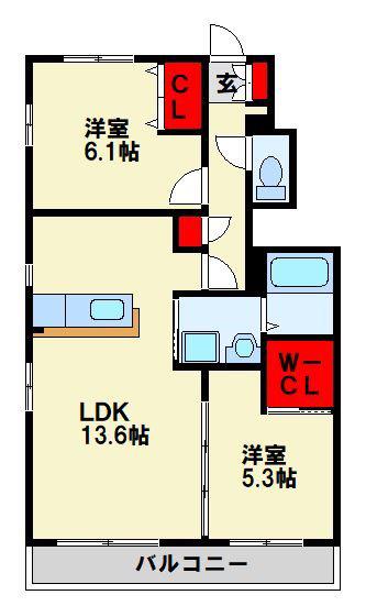シャンティ  A棟(2LDK/1階)の間取り写真