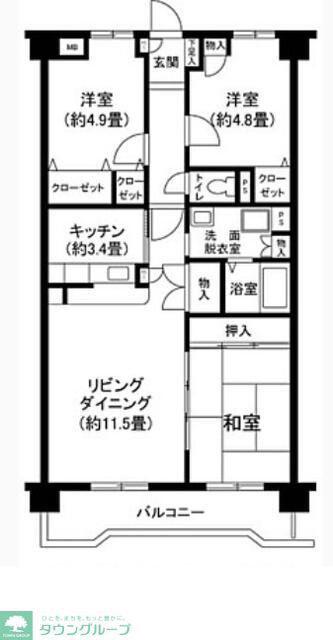 グランドール三鷹壱番館(3LDK/1階)の間取り写真