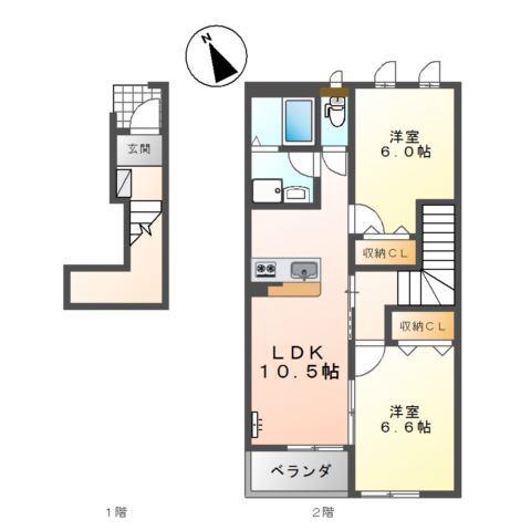 ハイツ江昭 B(2LDK/2階)の間取り写真