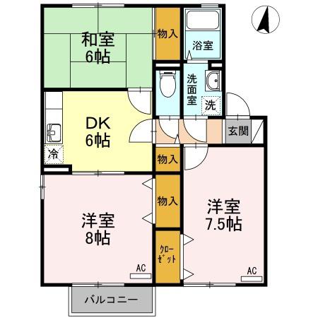 ブレスガーデン I棟(3DK/2階)の間取り写真