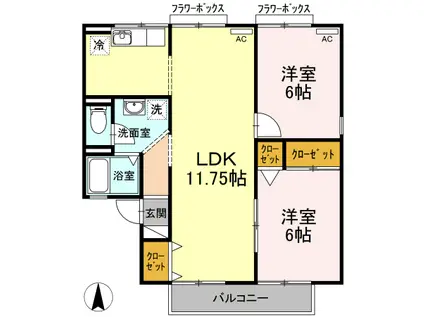 サンビューラ仙道(2LDK/2階)の間取り写真