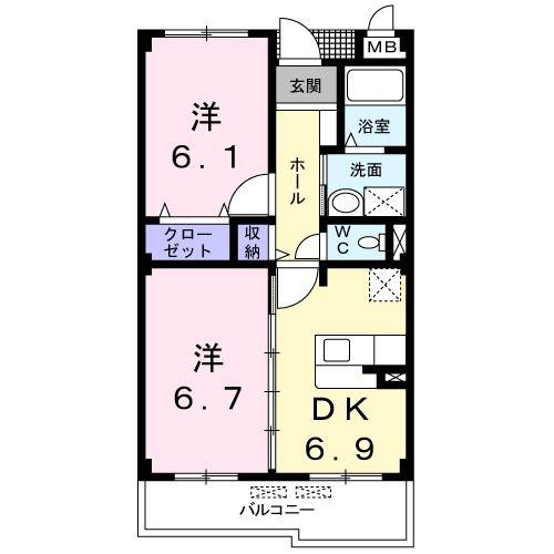 ファインヒル吉根A(2DK/2階)の間取り写真