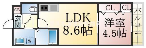 ジーメゾン神戸駒ヶ林(1LDK/2階)の間取り写真