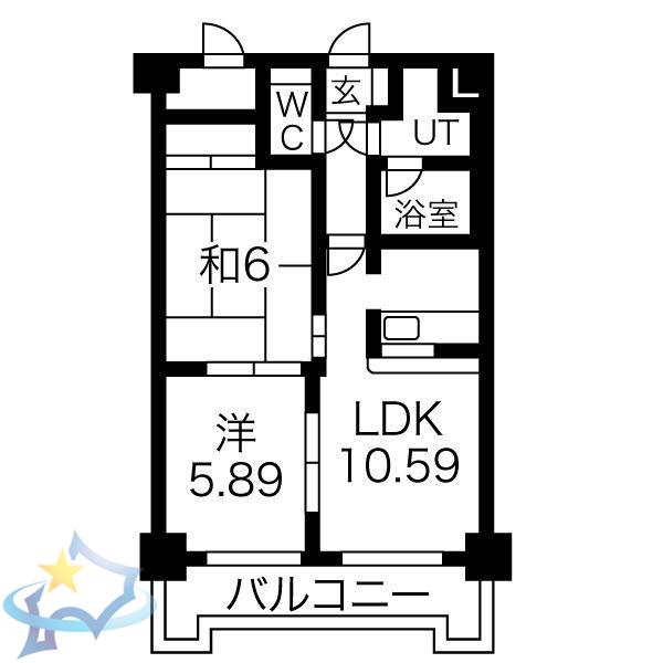 ドミ22山鼻(2LDK/10階)の間取り写真