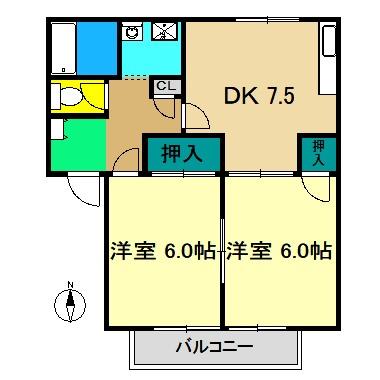 ハイツ北小松 1号棟(2DK/1階)の間取り写真