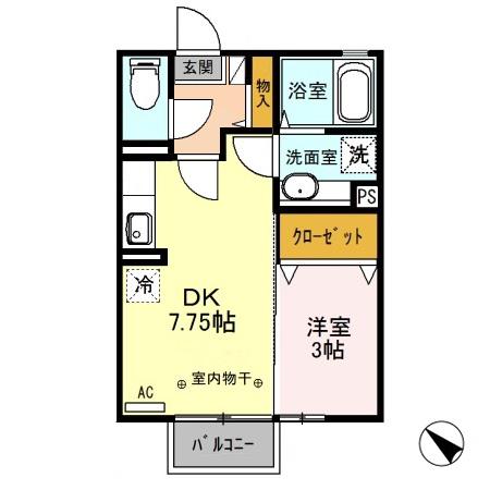ウインドワードガーデンズE202(1DK/2階)の間取り写真