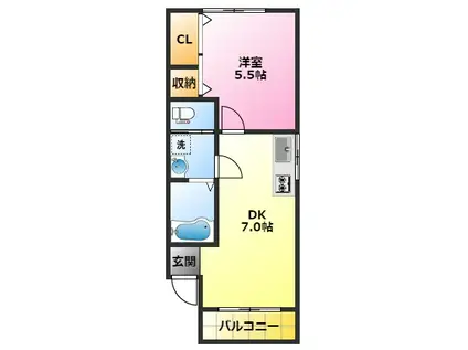 ウィル新川崎(1DK/2階)の間取り写真