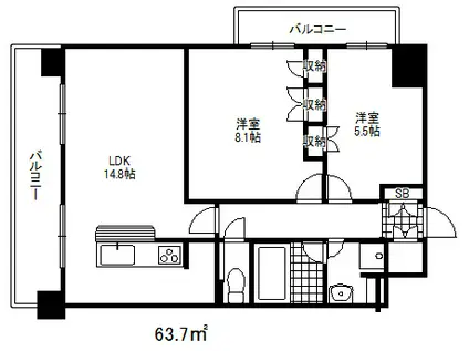サニープレイス西芦屋2号館(2LDK/9階)の間取り写真