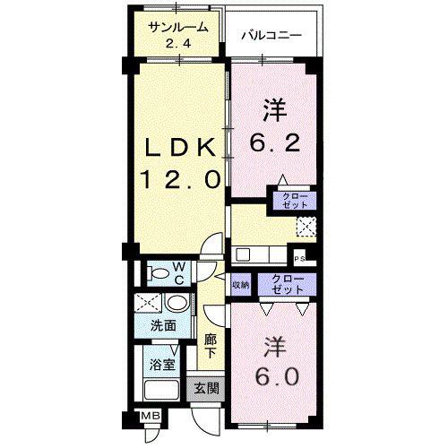 サンセール・ロワイエ(2LDK/2階)の間取り写真