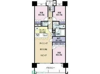 MJRザ・ガーデン下大利(3LDK/5階)の間取り写真