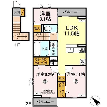 ハレカフア(3LDK/2階)の間取り写真