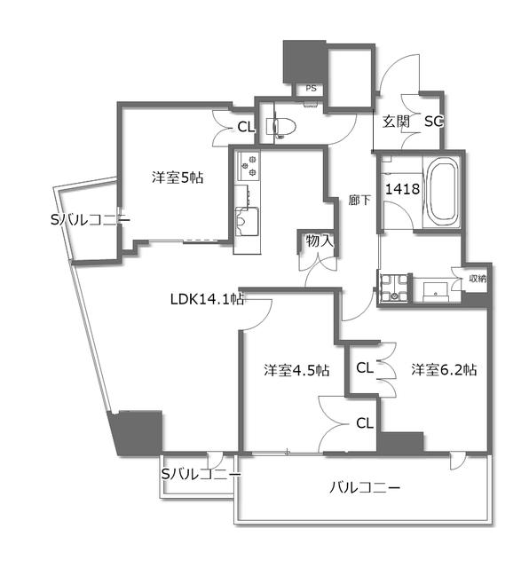 プラウドタワー北浜(3LDK/15階)の間取り写真
