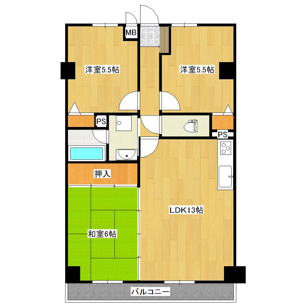 ジュウェル西下台A(3LDK/2階)の間取り写真