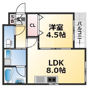 クレール西多聞通(1LDK/2階)の間取り写真