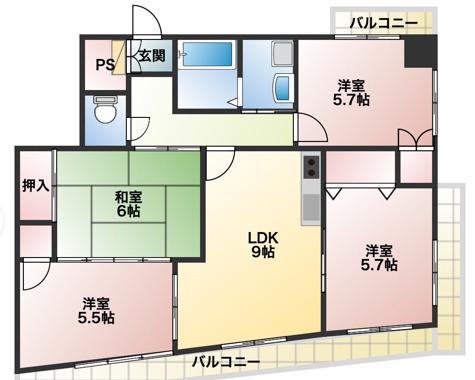 シャルム六ツ門(3DK/5階)の間取り写真