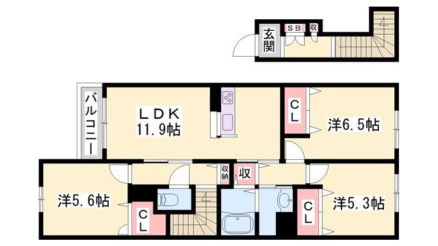 シャンティ夢前(3LDK/2階)の間取り写真