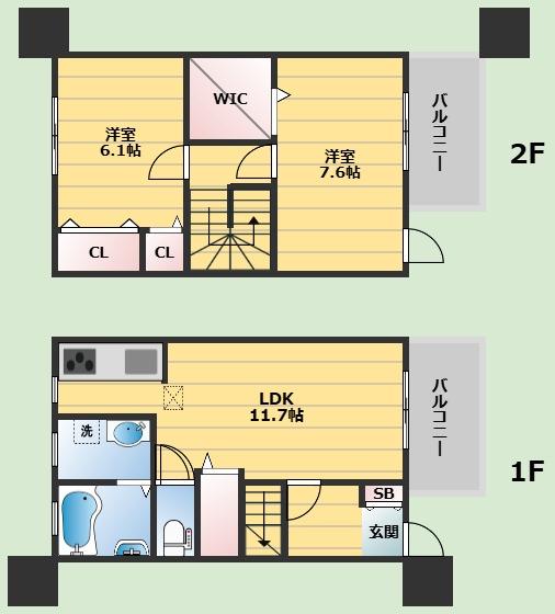 ヴィラージュ刀根山III(2LDK/1階)の間取り写真