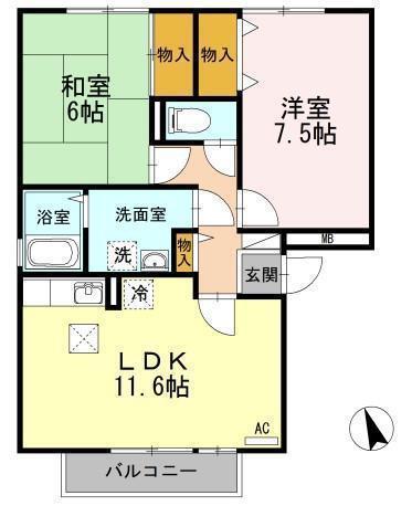 グレイスフルYA棟(2LDK/2階)の間取り写真