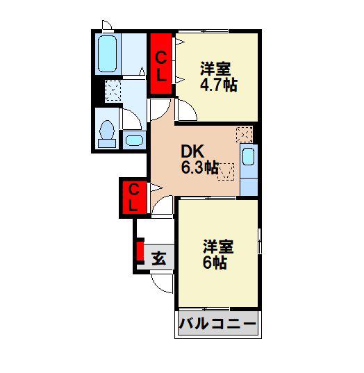 グランディールA棟(2DK/1階)の間取り写真