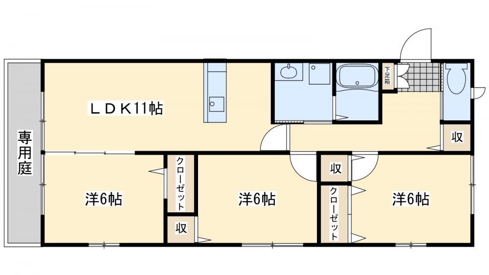ひびきのハイムA棟(3LDK/1階)の間取り写真