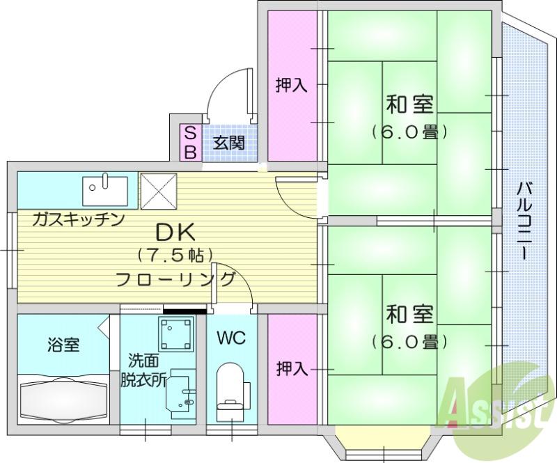TレジデンスⅠ(2DK/1階)の間取り写真