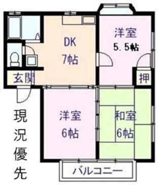ローズキャッスルB棟(3DK/2階)の間取り写真