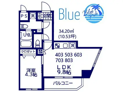 イーストサイド(1LDK/6階)の間取り写真