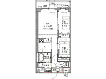 GENOVIA六町(2LDK/2階)の間取り写真