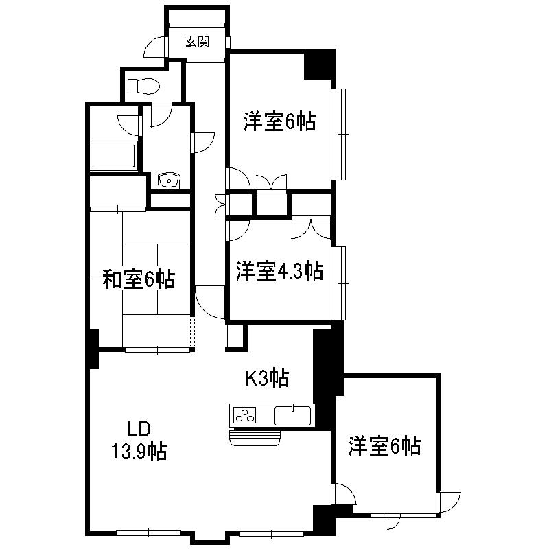 ローヤルハイツ南9条2号館(4LDK/6階)の間取り写真