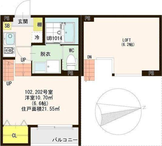 ハーモニーテラス岩切V(1K/2階)の間取り写真