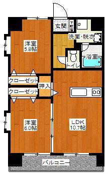 ＪＲ山陽本線 新倉敷駅 徒歩14分 6階建 築22年(2LDK/6階)の間取り写真