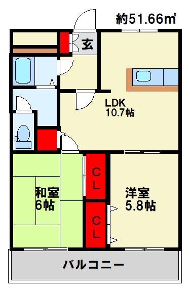 ロワイヤル小倉(2LDK/3階)の間取り写真