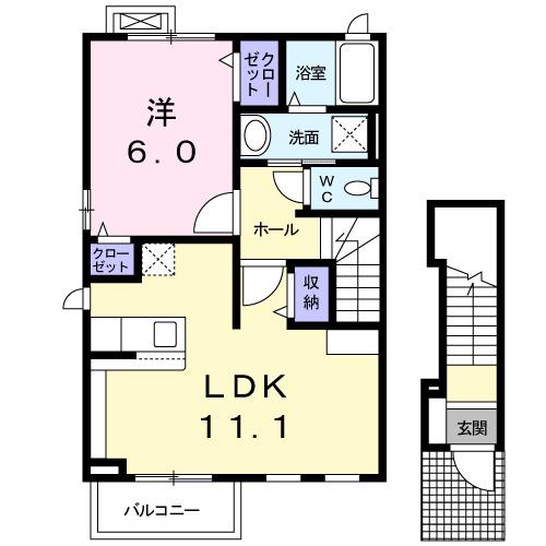 クローバーハイツ本城(1LDK/2階)の間取り写真