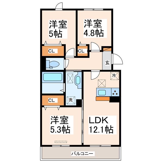 サンライズ新土河原(3LDK/1階)の間取り写真