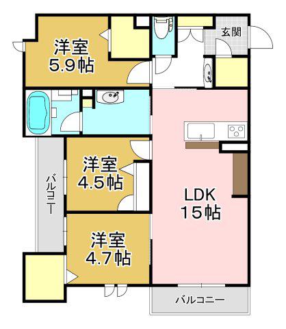 カーサ宮ノ前 直方  A棟(3LDK/1階)の間取り写真
