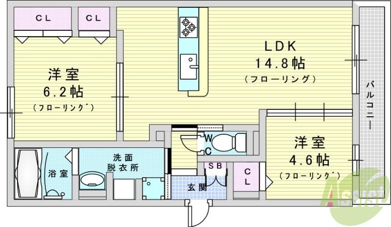 TORISIA千里丘Ⅲ(2LDK/1階)の間取り写真