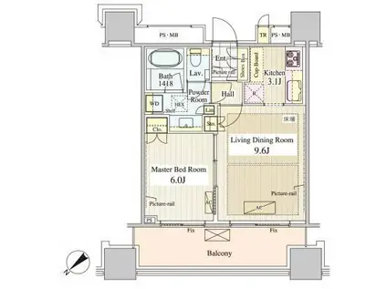 パークコート千代田富士見ザ タワー(1LDK/5階)の間取り写真