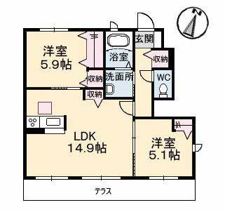 シャーメゾンきびじC棟(2LDK/1階)の間取り写真