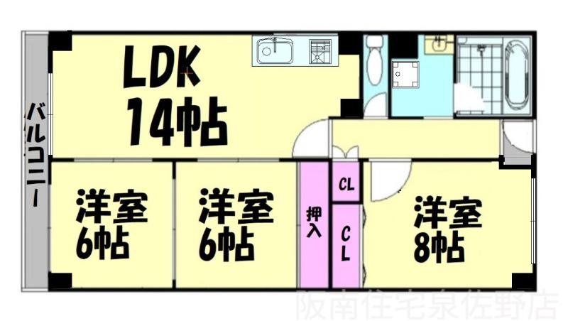 泉佐野メゾンドフルール(3LDK/5階)の間取り写真