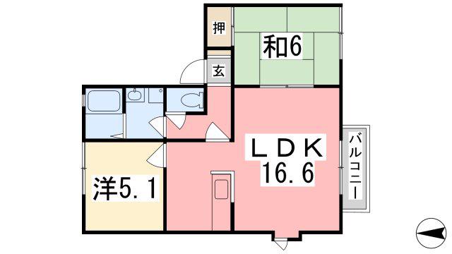 ディアス三木B(2LDK/2階)の間取り写真