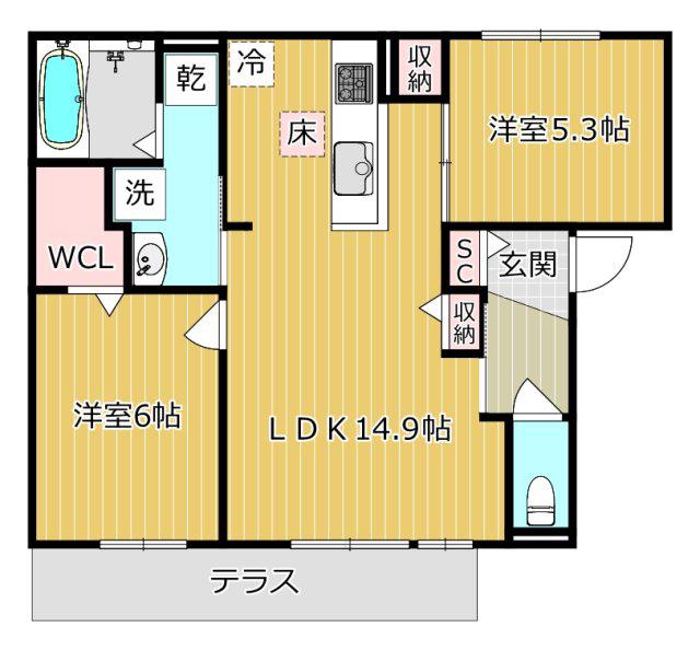 D-RESIDENCE下田部A棟(2LDK/1階)の間取り写真