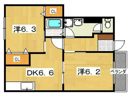ドゥーソレールI(2DK/1階)の間取り写真