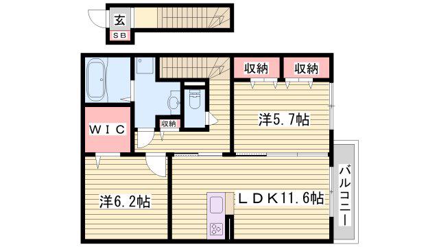 ヴィルヌーブ サンティーエ(2LDK/2階)の間取り写真