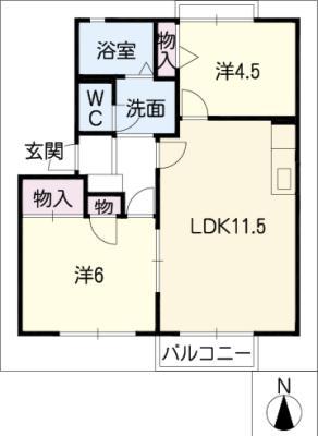 アムール B棟(2LDK/2階)の間取り写真