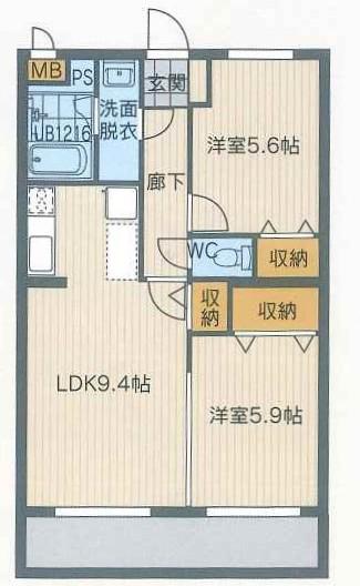 カフーヴィラゆくい(2LDK/1階)の間取り写真