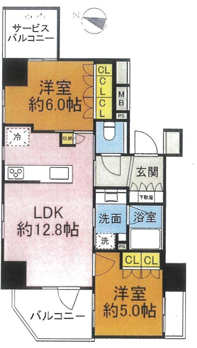 シーンズ天王寺烏ヶ辻(2LDK/2階)の間取り写真